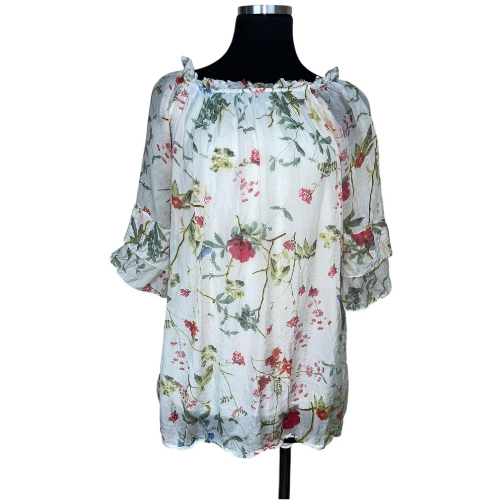 Bella Umbra Silk Blouse Women L Floral Cottagecore Ruffle Tunic Italy Feminine